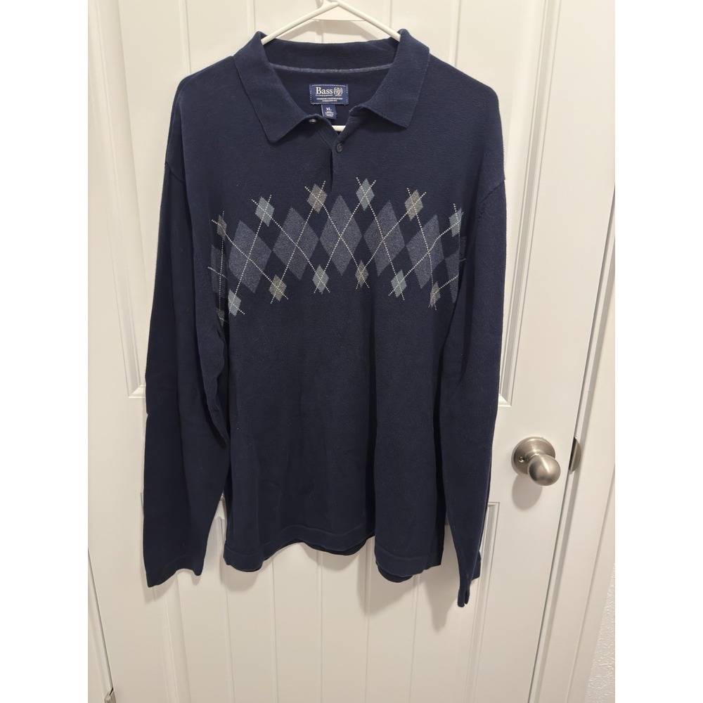 Bass GH Bass‎ & Co Mens XL Navy Blue Argyle Cotton Long Sleeve Polo Sweater